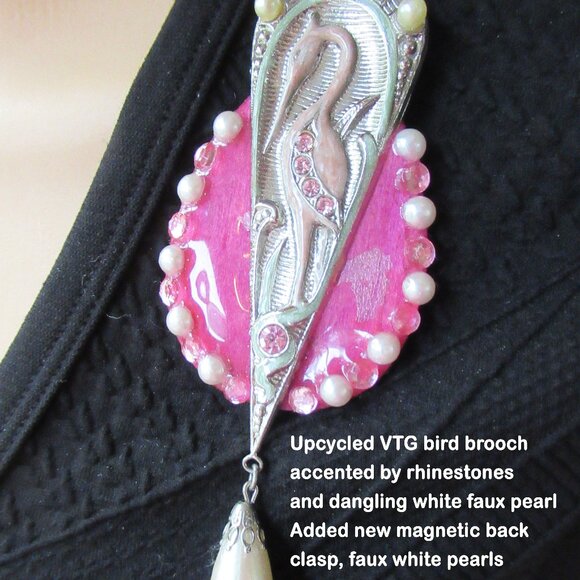 VTG bird brooch enamel on metal, Rhinestones, Faux pearl, Magnetic Back Clasp - Picture 4 of 8